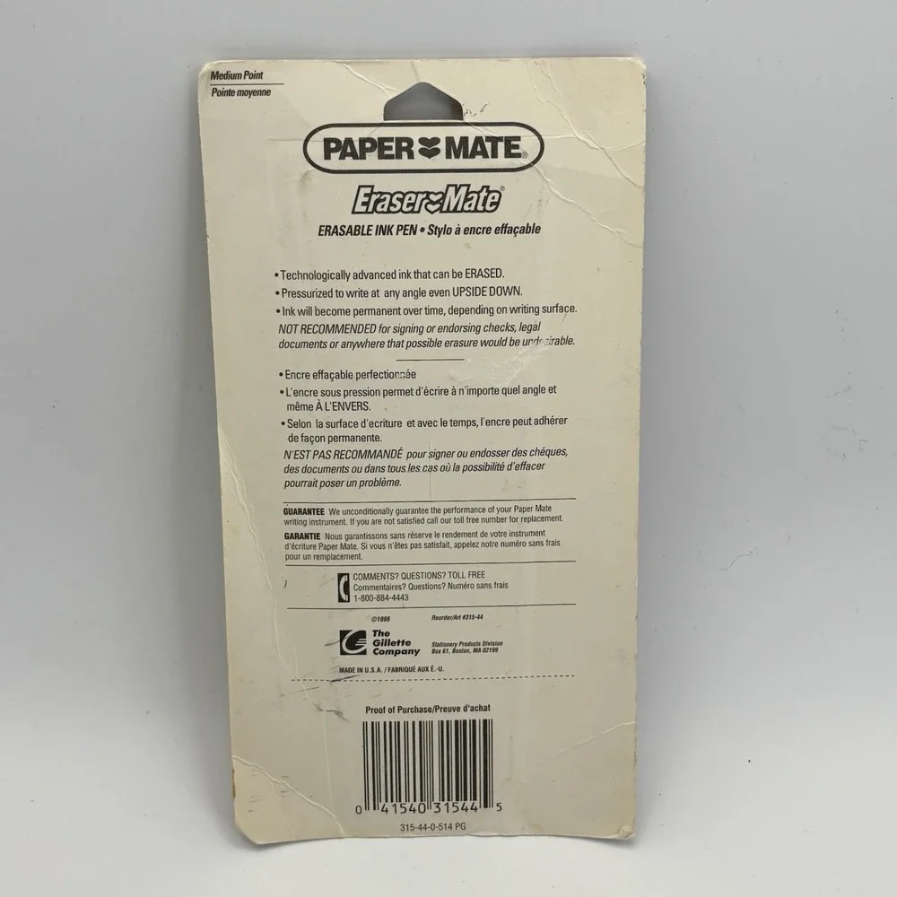 Vintage Paper Mate Eraser Mate Erasable Pens Medium Point Blue Ink 1996‎ NOS